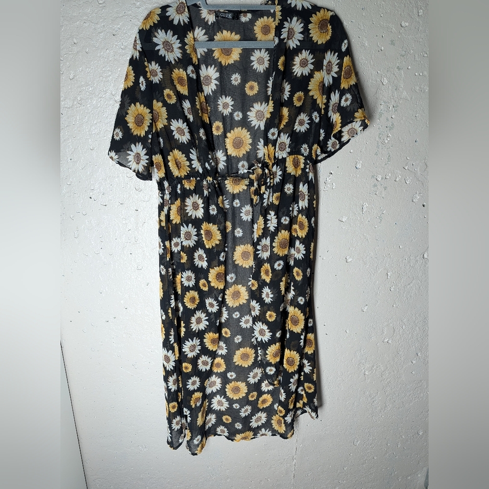Sheer Sunflower Print Kimono/Beach Coverup | Festival | Vacation | Pool - Picture 2 of 7